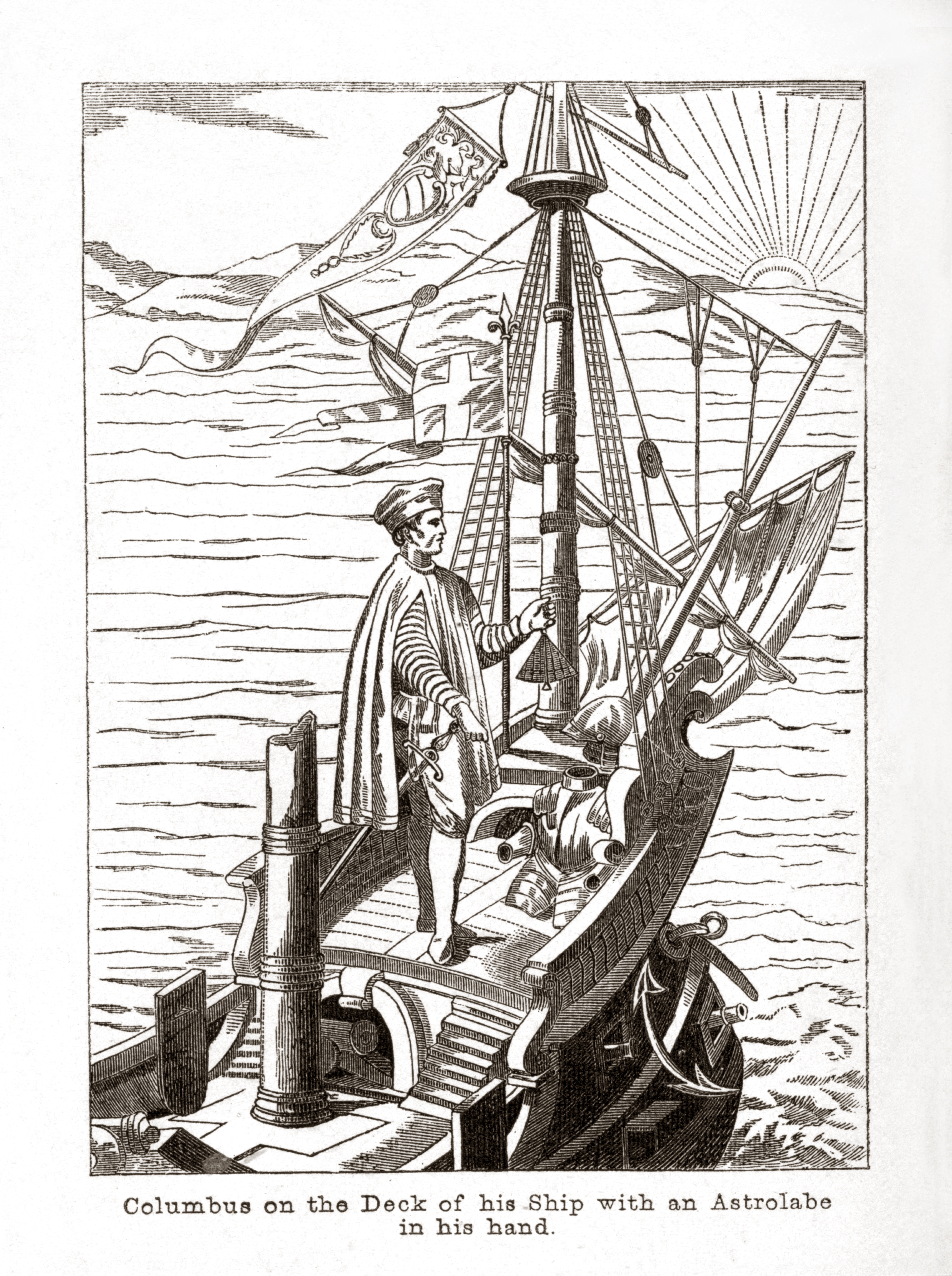 Una stampa del 1900 che ritrae Colombo sul ponte della sua nave con in mano un astrolabio