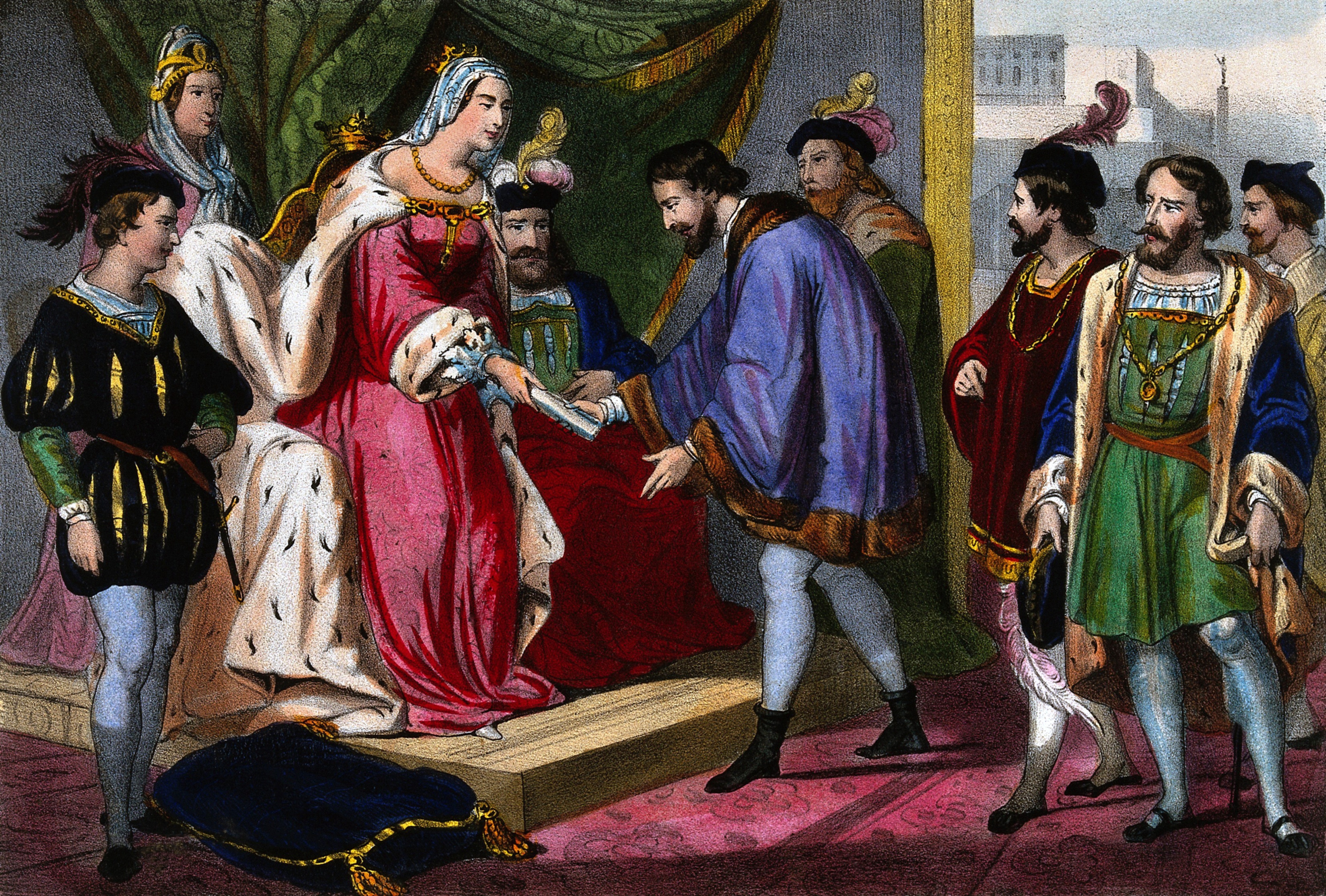 Questa stampa del 1840 circa, ritrae Colombo al cospetto della Regina di Spagna Isabella, mentre riceve la nomina di Viceré dei territori che scoprirà nei suoi viaggi