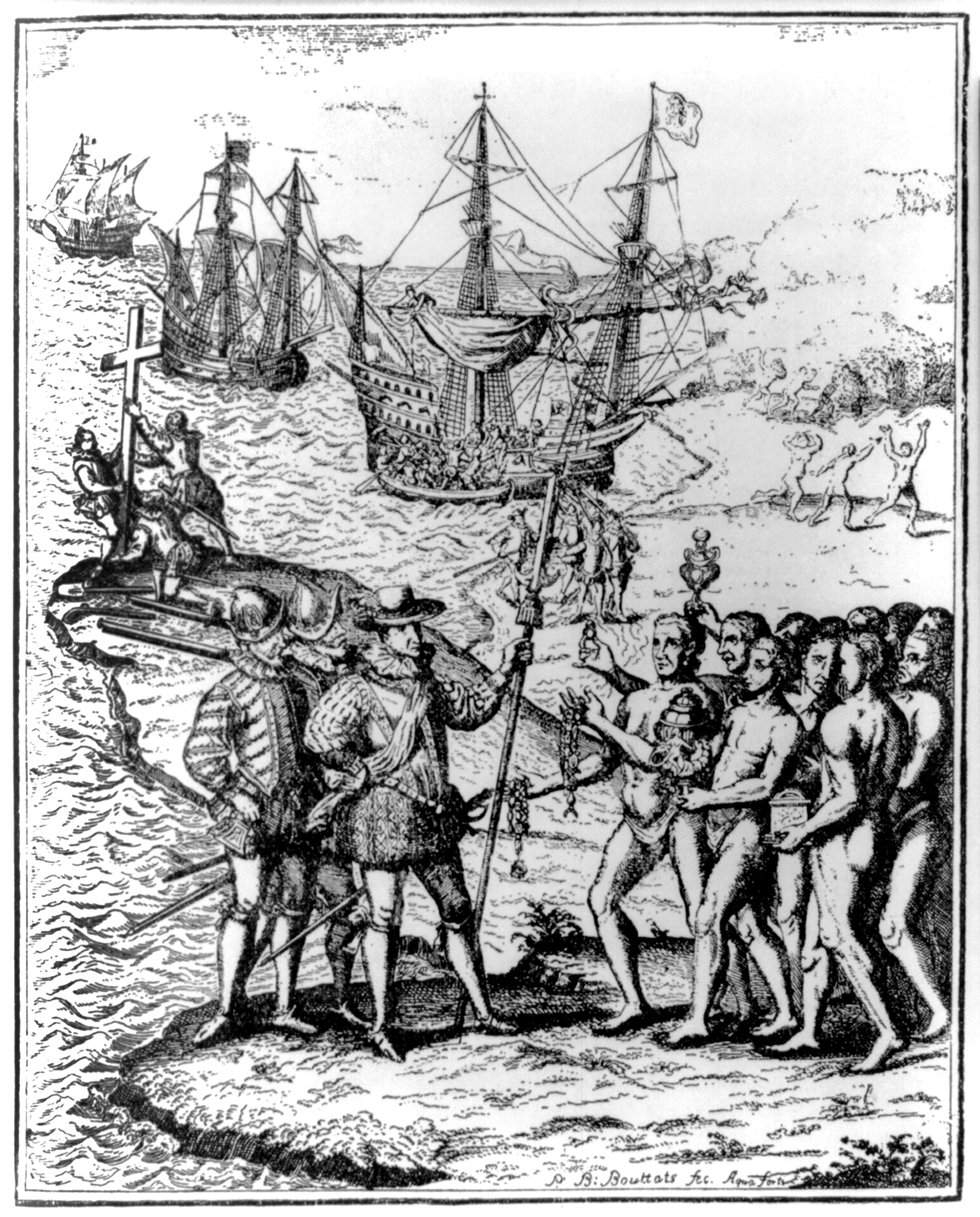 Lo sbarco di Colombo nel Nuovo Mondo in un'incisione di Theodore De Bry. Il navigatore italiano approda per la prima volta in America sull'isola di San Salvador, nelle Bahamas, il 12 ottobre 1492