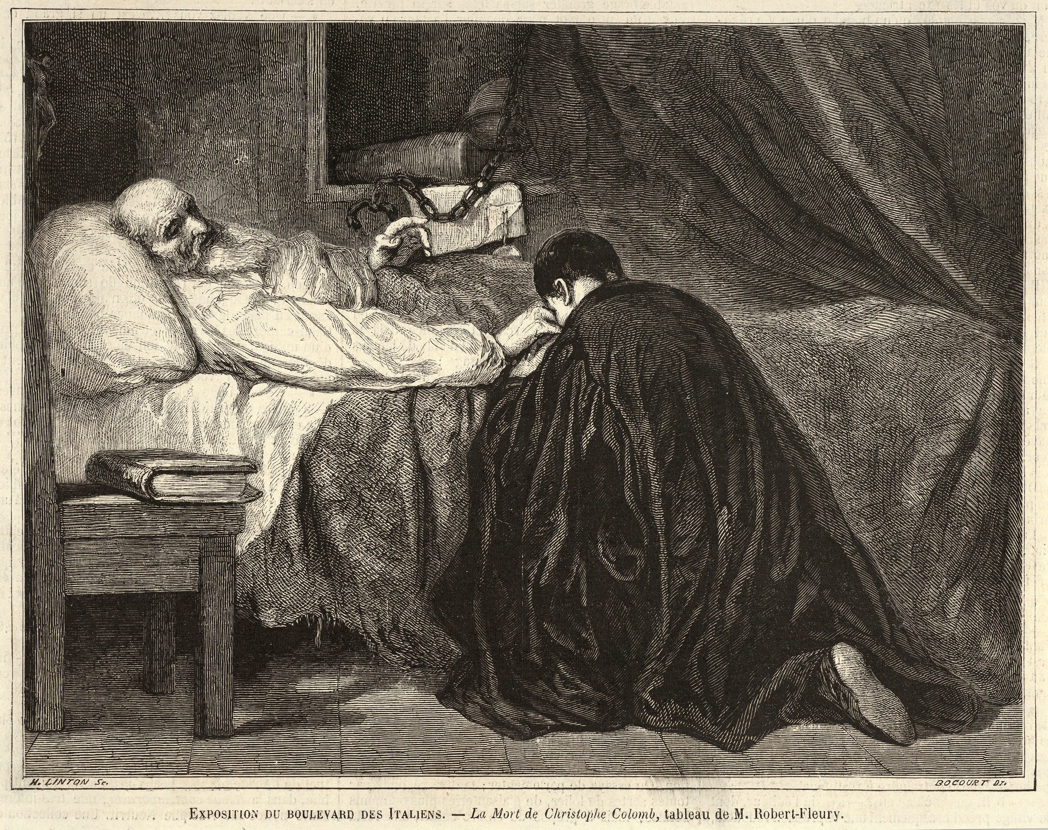 Un'incisione del 1860 che ritrae la morte di Cristoforo Colombo, avvenuta a Valladolid, in Spagna, il 20 maggio del 1506