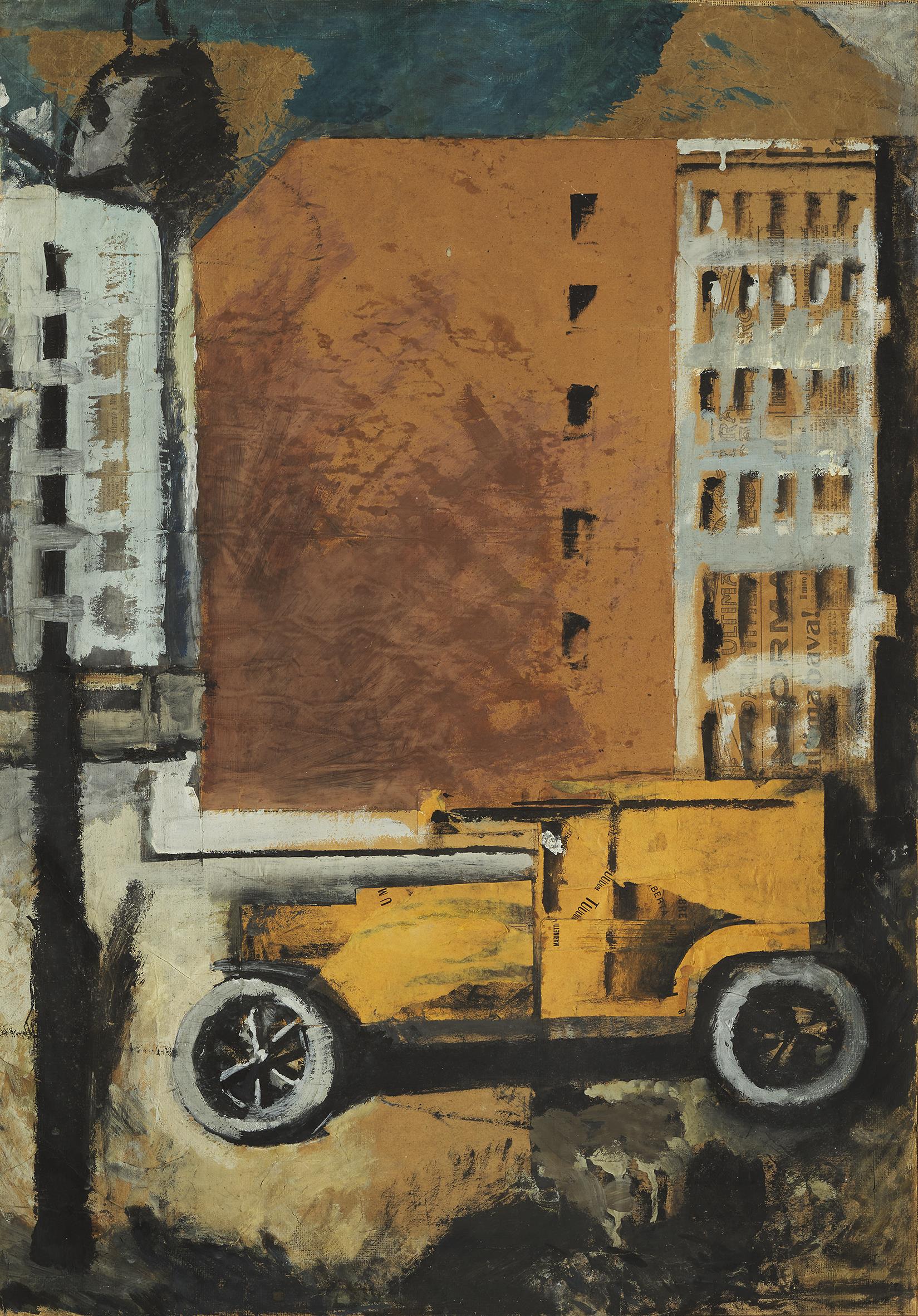 Mario Sironi: Il camion giallo, 1919 tempera e collage su carta applicata su tela, 89 x 63 cm, collezione privata (in deposito al Museo MAGA di Gallarate © Mario Sironi, by SIAE 2021 