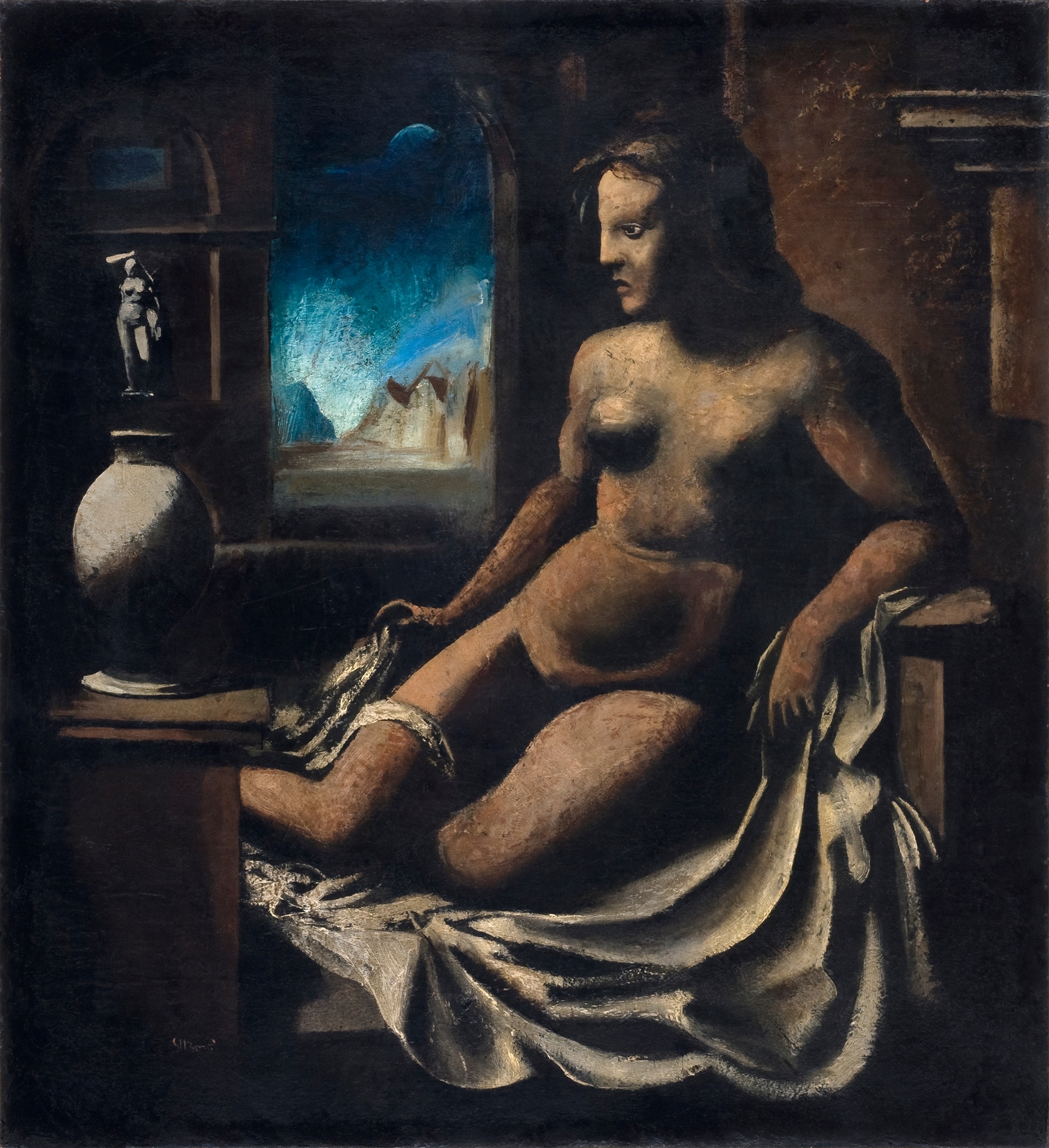 Mario Sironi: Pandora, 1921-22, olio su tela, 82 x 74 cm, collezione privata in deposito a lungo termine presso la Fondazione Musei Civici di Venezia, Galleria Internazionale d’Arte Moderna di Ca’ Pesaro © Mario Sironi, by SIAE 2021 