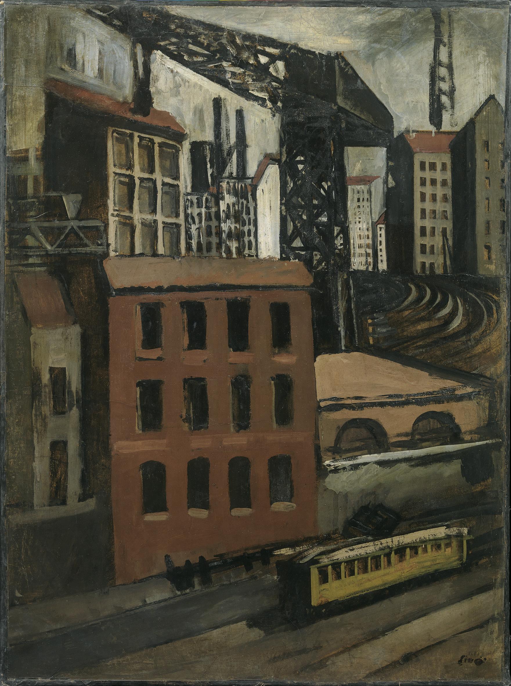 Mario Sironi: Periferia (Il tram e la gru), 1921, tecnica mista su carta applicata su tela, 98 x 72 cm, Firenze, collezione Roberto Casamonti, Courtesy Tornabuoni Arte © Mario Sironi, by SIAE 2021 