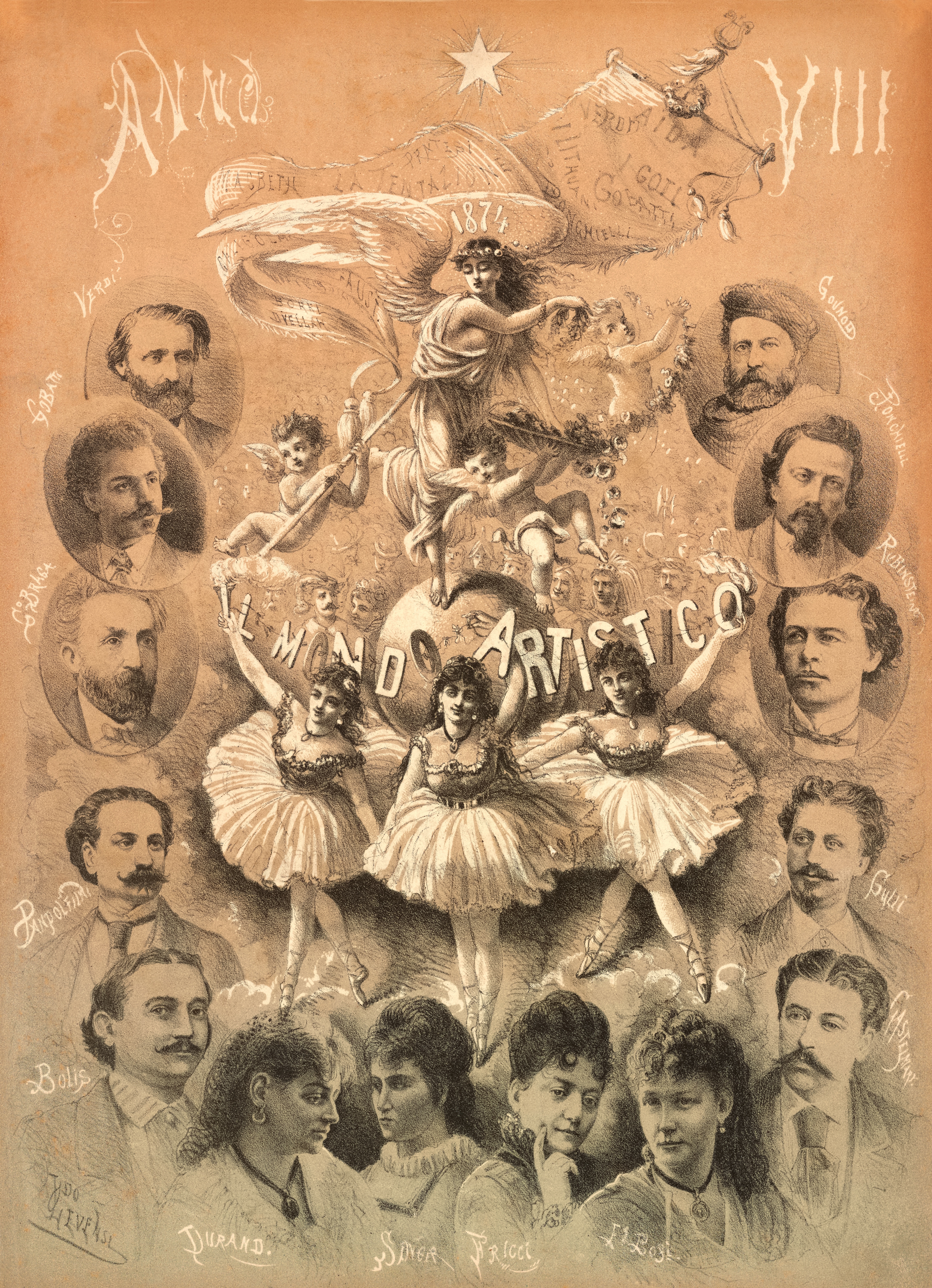 Un numero del periodico illustrato milanese “Il mondo artistico”. In copertina, tra gli altri, Giuseppe Verdi e il baritono Francesco Pandolfini, interprete di Amonasro nella prima scaligera di “Aida”.