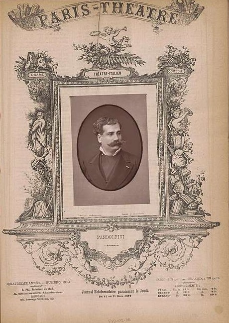 Un numero della rivista “Paris Theatre”. In copertina, un ritratto del baritono Francesco Pandolfini, interprete di Amonasro nella prima scaligera di “Aida”.
