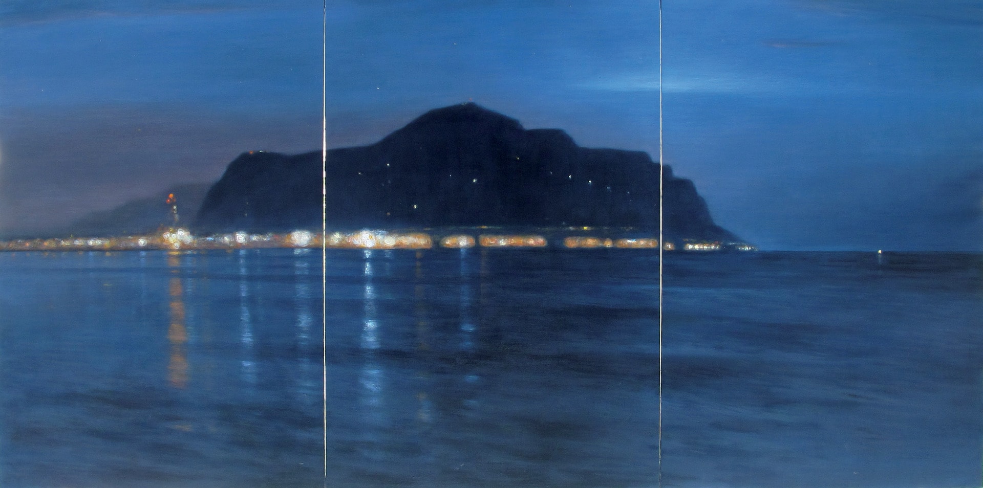 Ettore de Conciliis: Il monte Pellegrino a Palermo, la sera, 2010, olio su tela, cm 195 x 390 © 2022 Il Cigno GG Edizioni