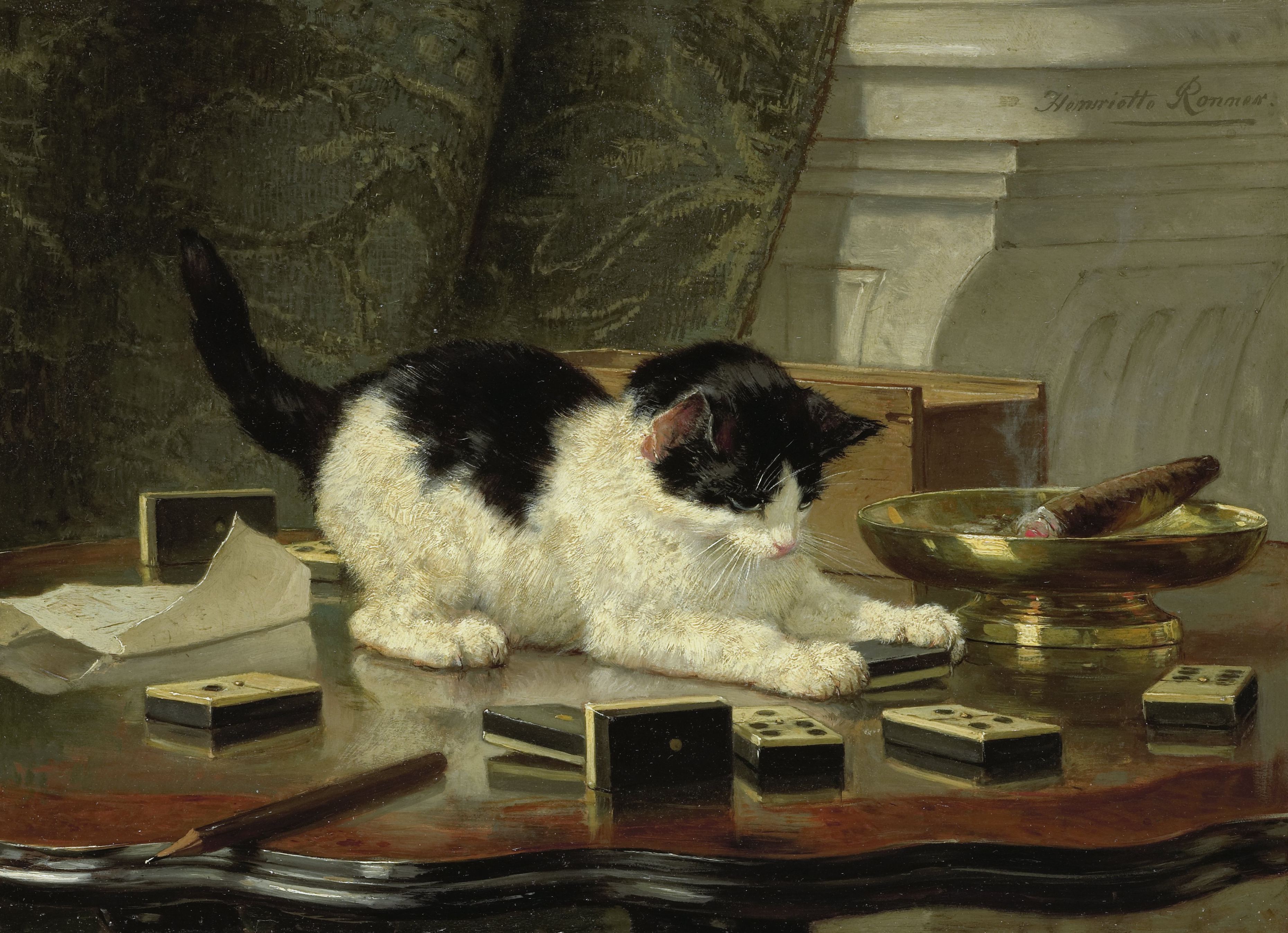 Henriëtte Ronner-Knip, Il gatto che gioca, 1860-1878, olio su tavola, Amsterdam, Rijksmuseum