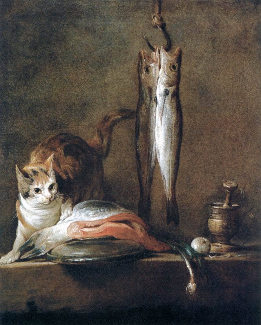 Jean Baptiste Siméon Chardin, Natura morta con gatto e pesce, 1728, olio su tela, Museo Nacional Thyssen-Bornemisza, Madrid
