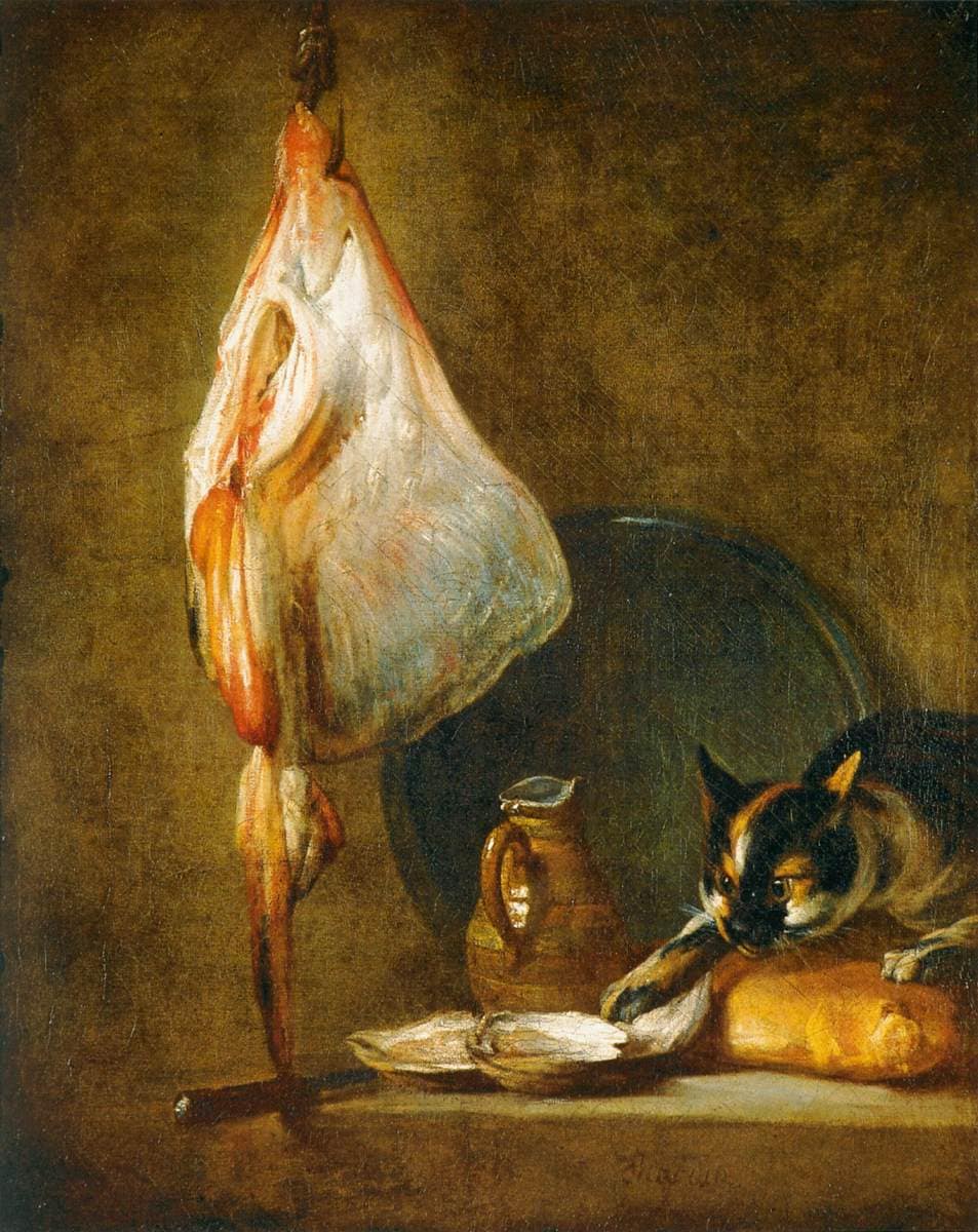 Jean Baptiste Siméon Chardin, Natura morta con gatto e razza, 1728, olio su tela, Museo Nacional Thyssen-Bornemisza, Madrid