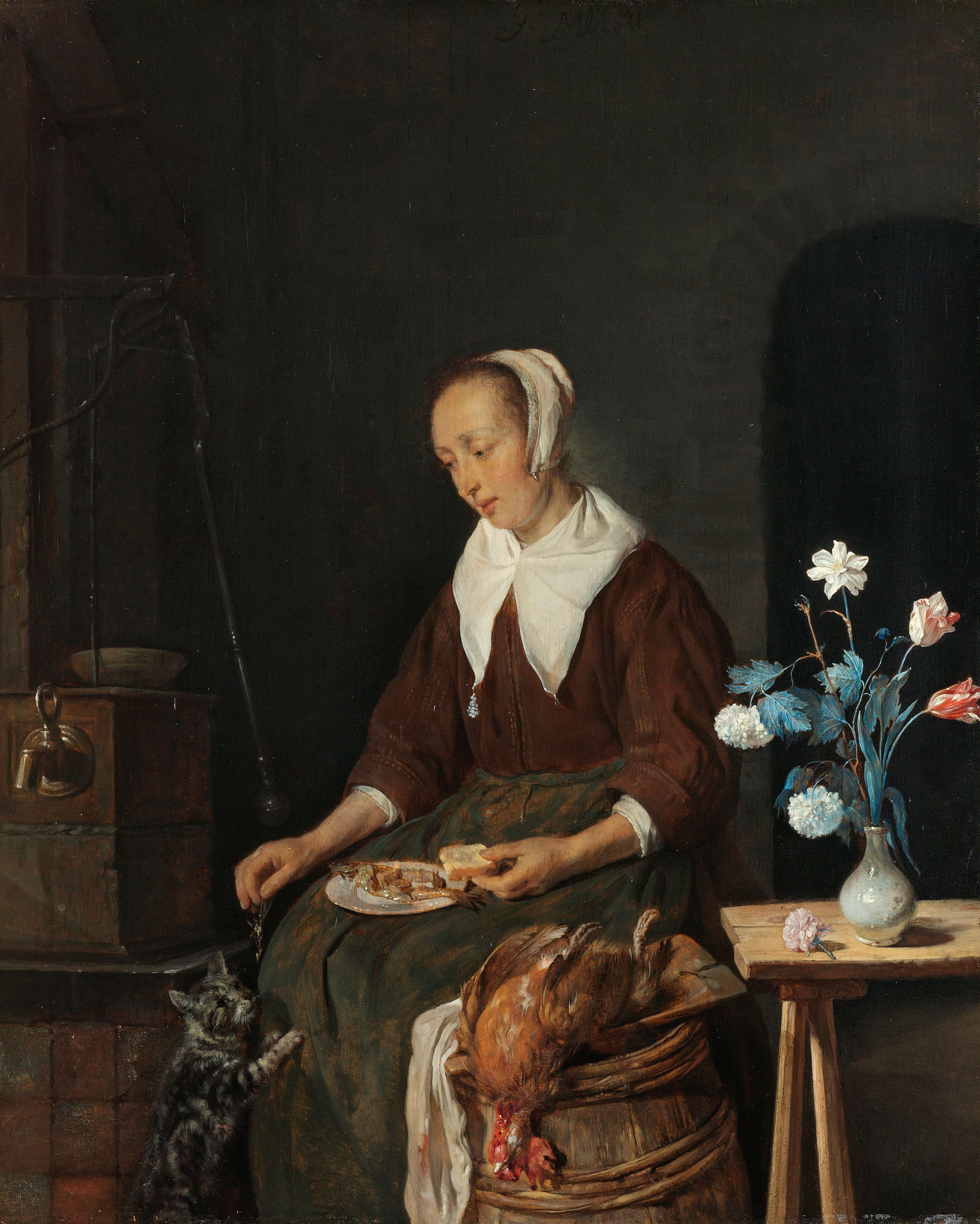 Gabriel Metsu, Donna che mangia (Colazione con i gatti), 1661 circa, olio su tavola, Amsterdam, Rijksmuseum