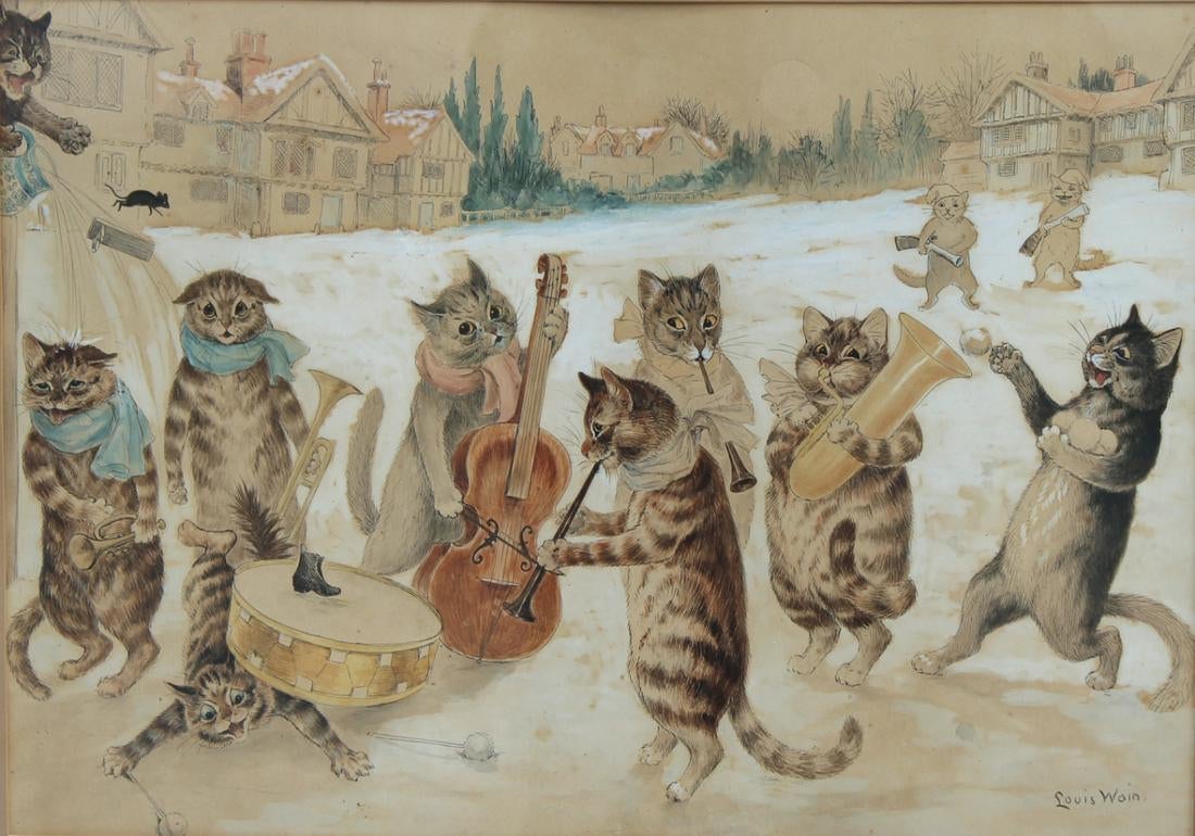 Louis William Wain, Carol Singing, acquerello penna e matita su carta, ca. 1900
