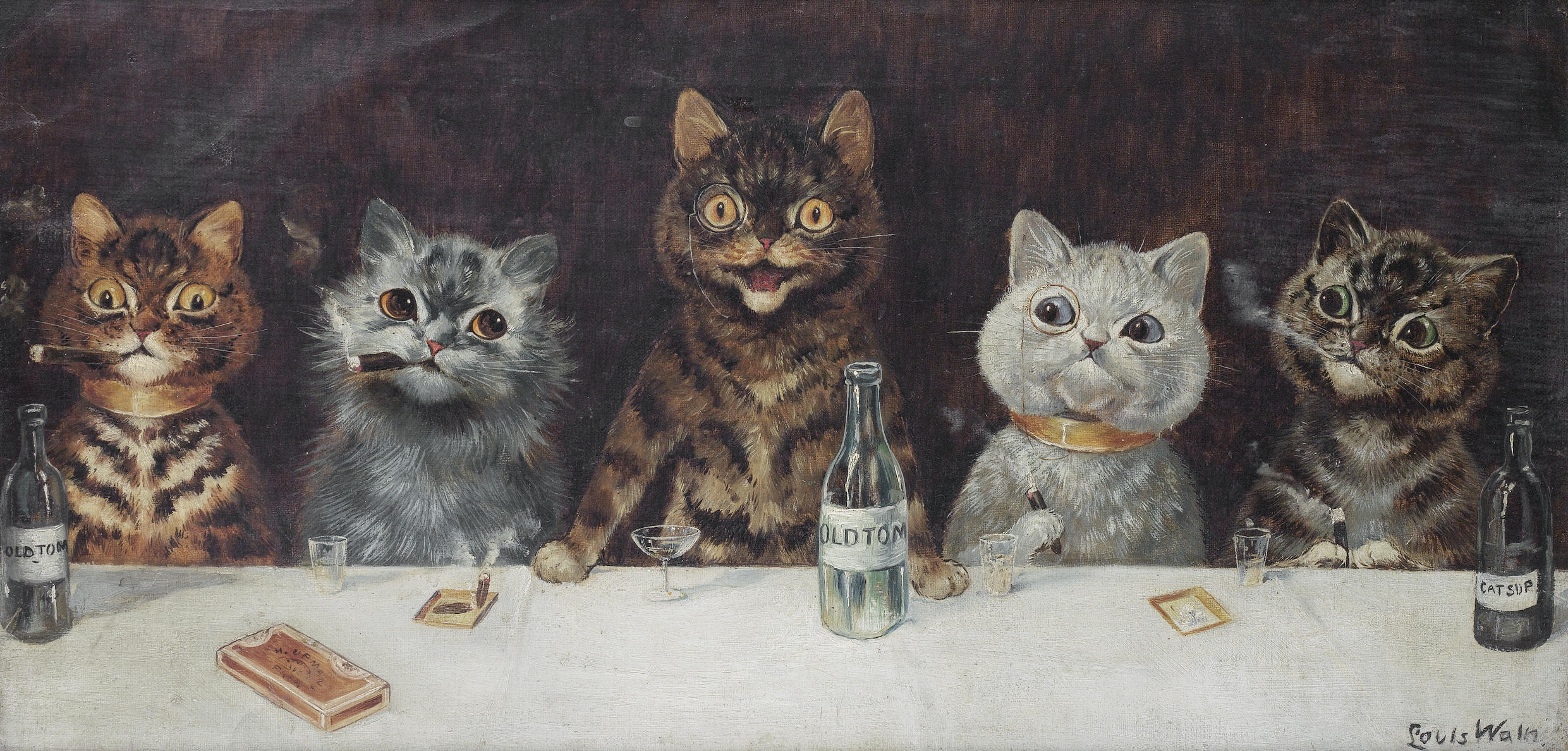 Louis Wain, The bachelor party, olio su tela 