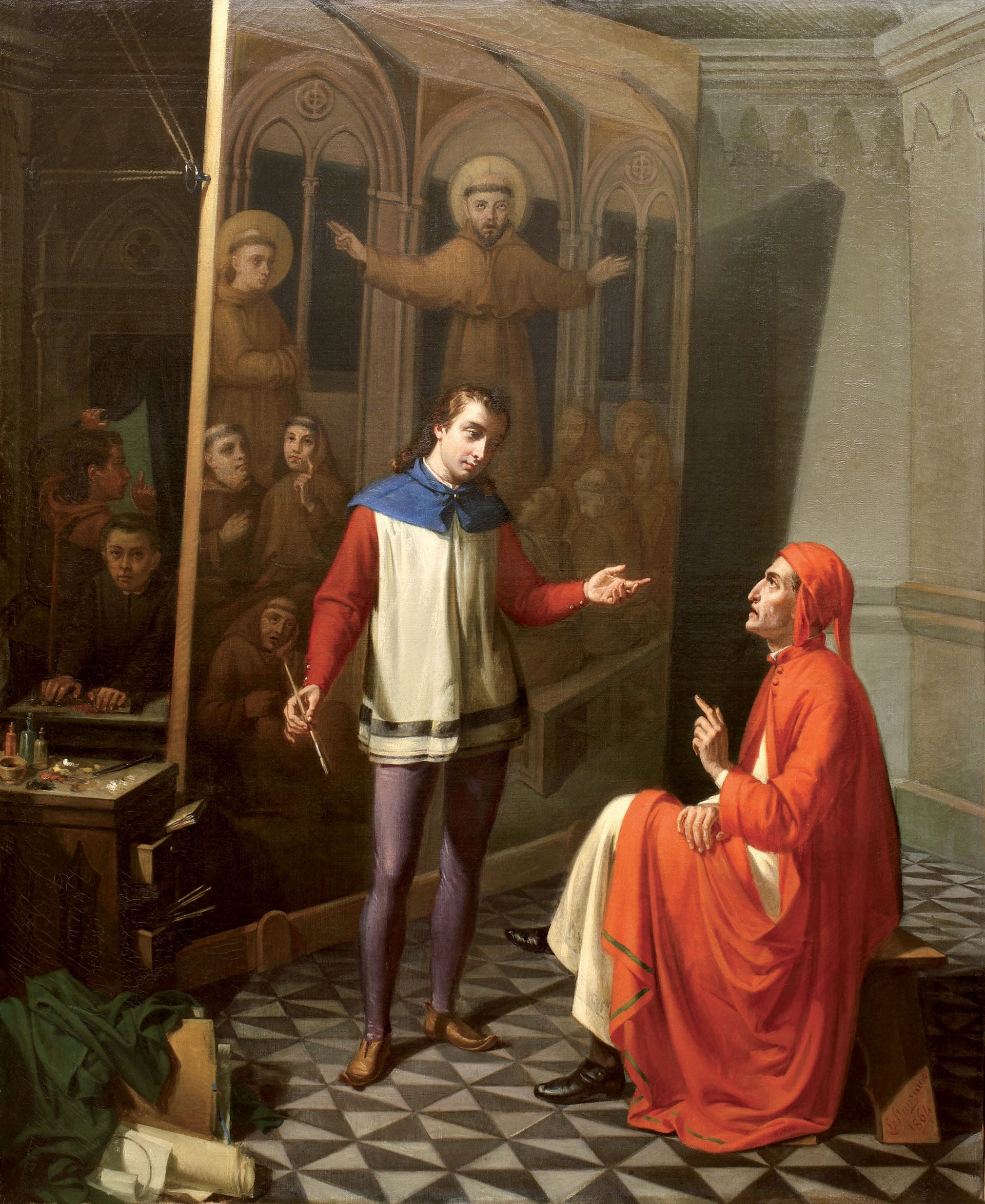 Luigi Stanziano (Napoli, 1815 - post 1866),Dante nello studio di Giotto. Olio su tela, 1864. Napoli, Palazzo Reale di Napoli.