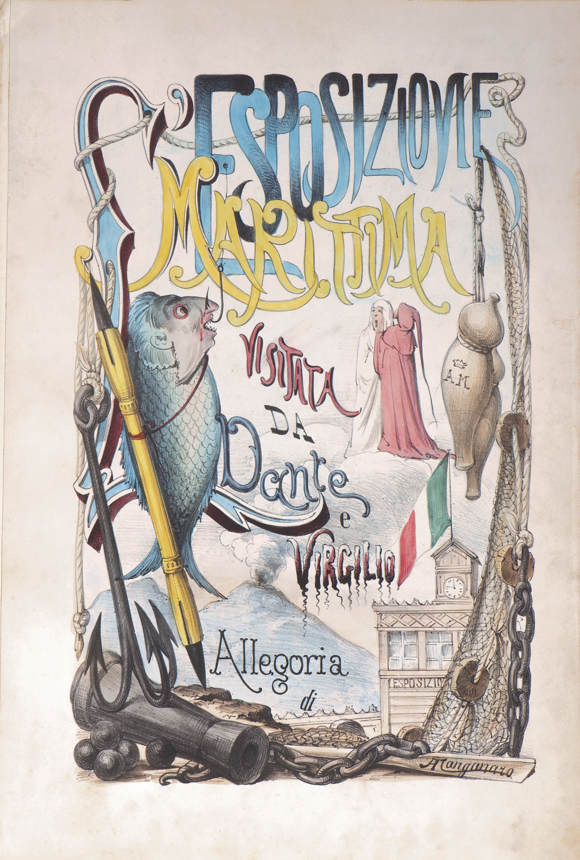 Antonio Manganaro (Manfredonia, 1842 - Napoli, 1920) L’Esposizione marittima visitata da Dante e Virgilio. Album litografico, 1871. Vico Equense, collezione Oreste Savarese. L’album di litografie pubblicato nel 1871 dal pugliese Antonio Manganaro illustra in tono satirico la prima Esposizione internazionale marittima d’Italia, inaugurata alla presenza di Umberto e Margherita di Savoia. Immaginandosi nelle vesti di Dante, accompagnato da uno scheletrico Virgilio, Manganaro osserva le macchine, i prodotti e le invenzioni esposti alla mostra, tra caricature di personaggi dell’epoca: la fortuna del Sommo Poeta si presta qui a una lettura irriverente dell’attualità.