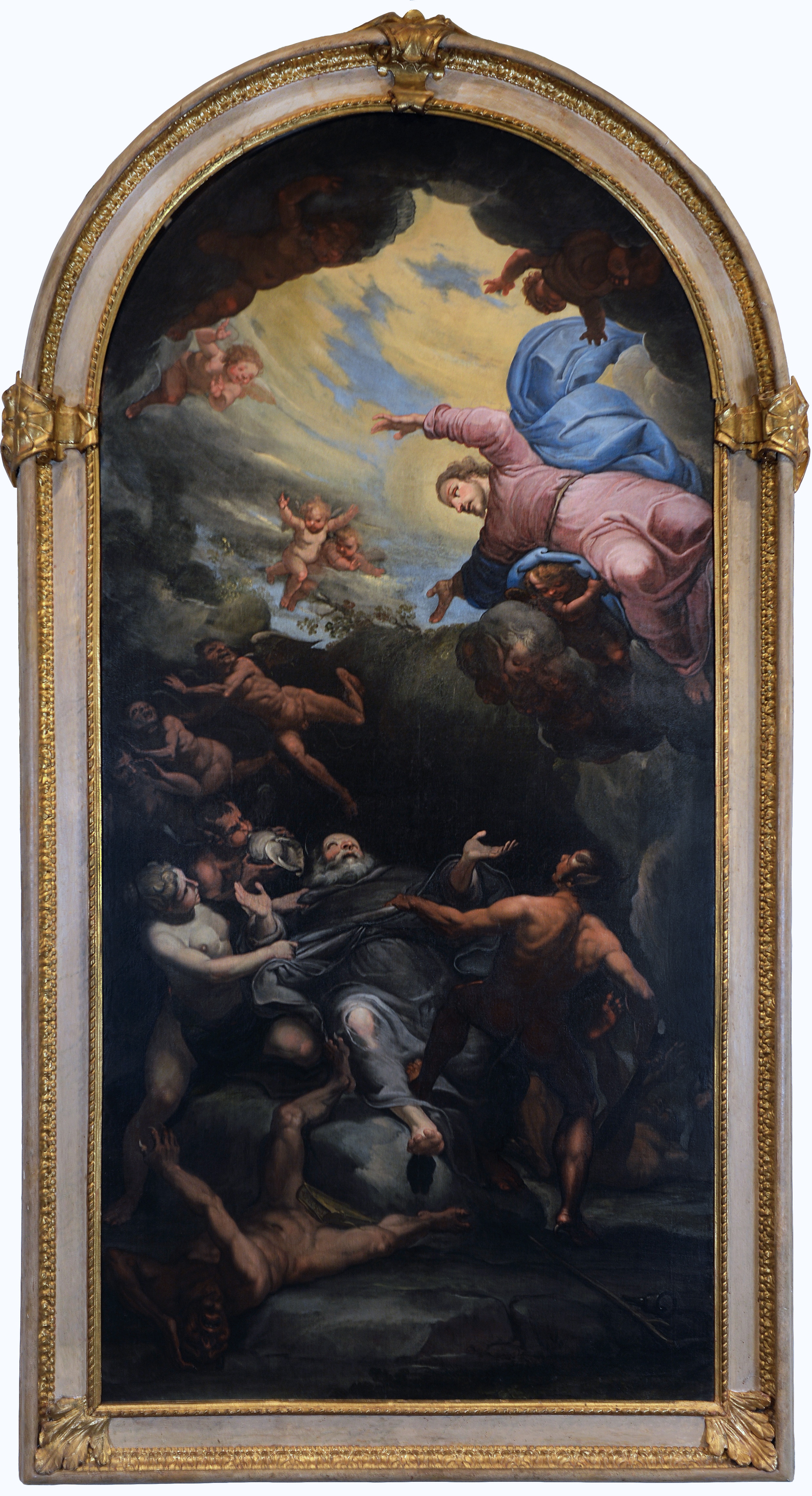 Giulio Benso, Tentazioni di sant’Antonio Abate, 1646 circa, olio su tela 375x175cm., Chiesa Santa Maria della Ripa, Pieve di Teco, Foto Rino Guerrieri