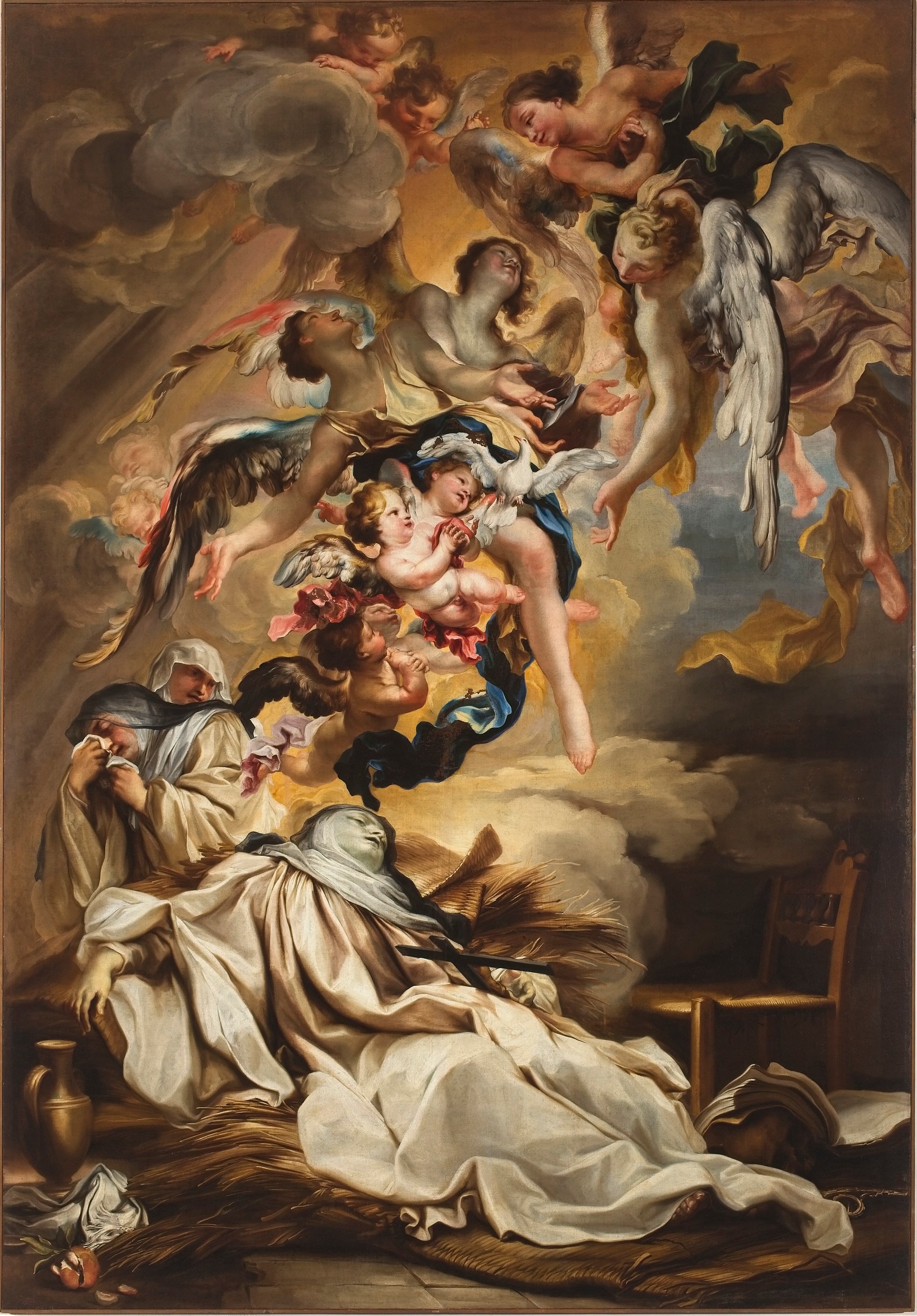 Gregorio De Ferrari, Transito di Santa Scolastica, 1700 circa, olio su tela, 319x222cm., Museo Diocesano in deposito dall’Abbazia di Santo Stefano, Genova