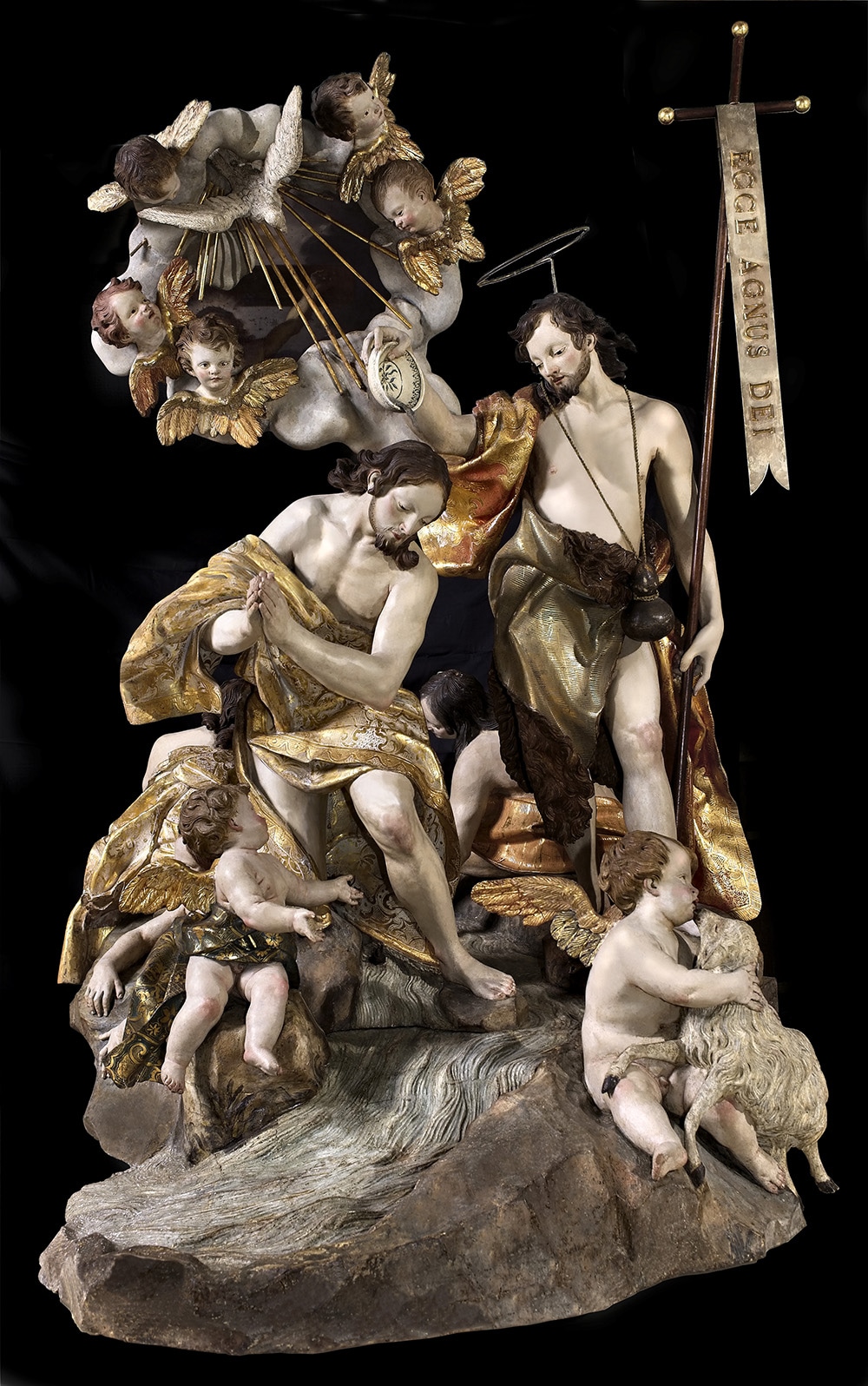 Anton Maria Maragliano, Battesimo di Cristo, 1723–1725, legno policromo e dorato, Oratorio di San Giovanni Battista, Pieve di Teco, Foto Luigino Visconti