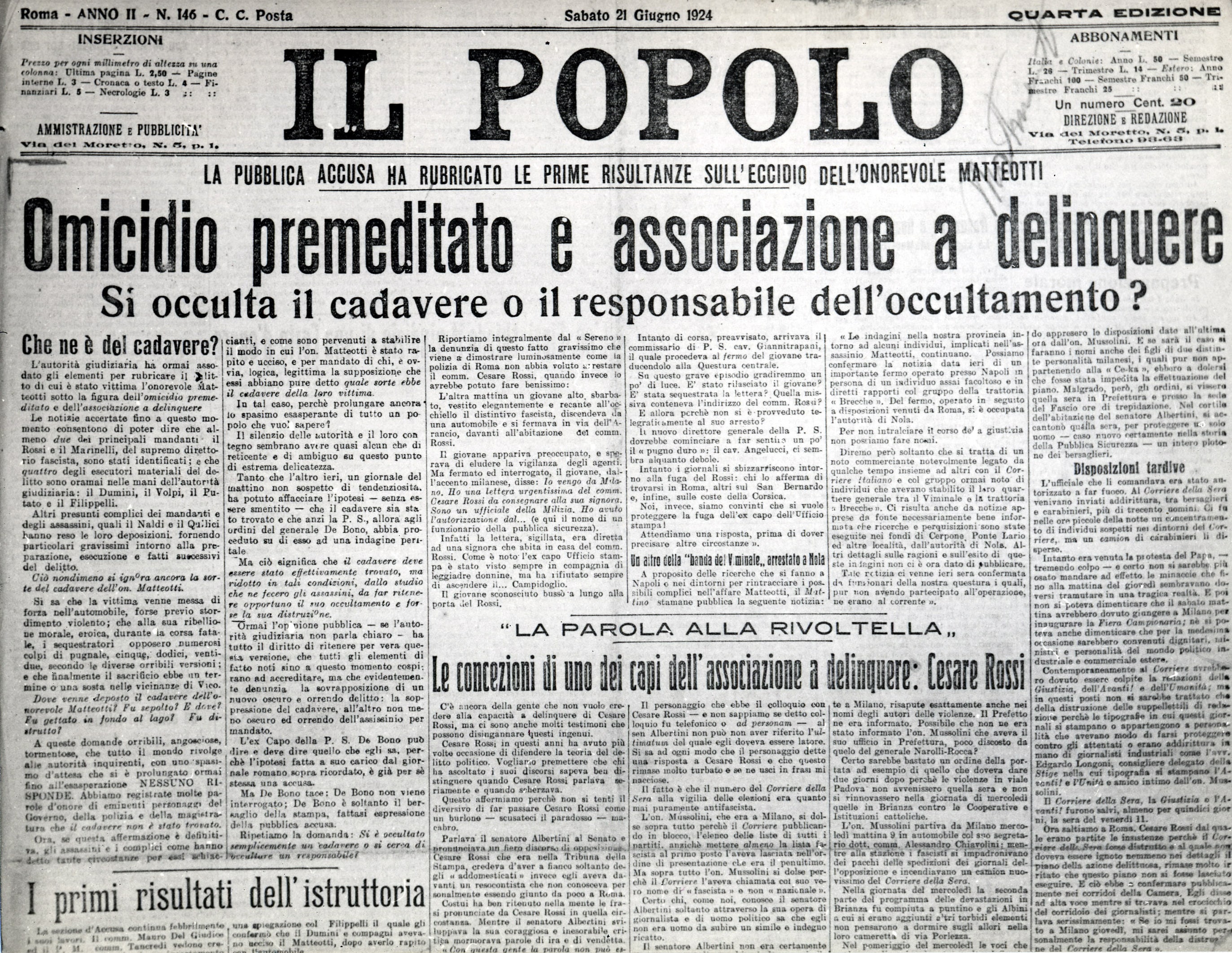 La prima pagina del quotidiano Il Popolo, del 24 giugno 1924, si fanno ipotesi sul rapimento avvenuto da poco