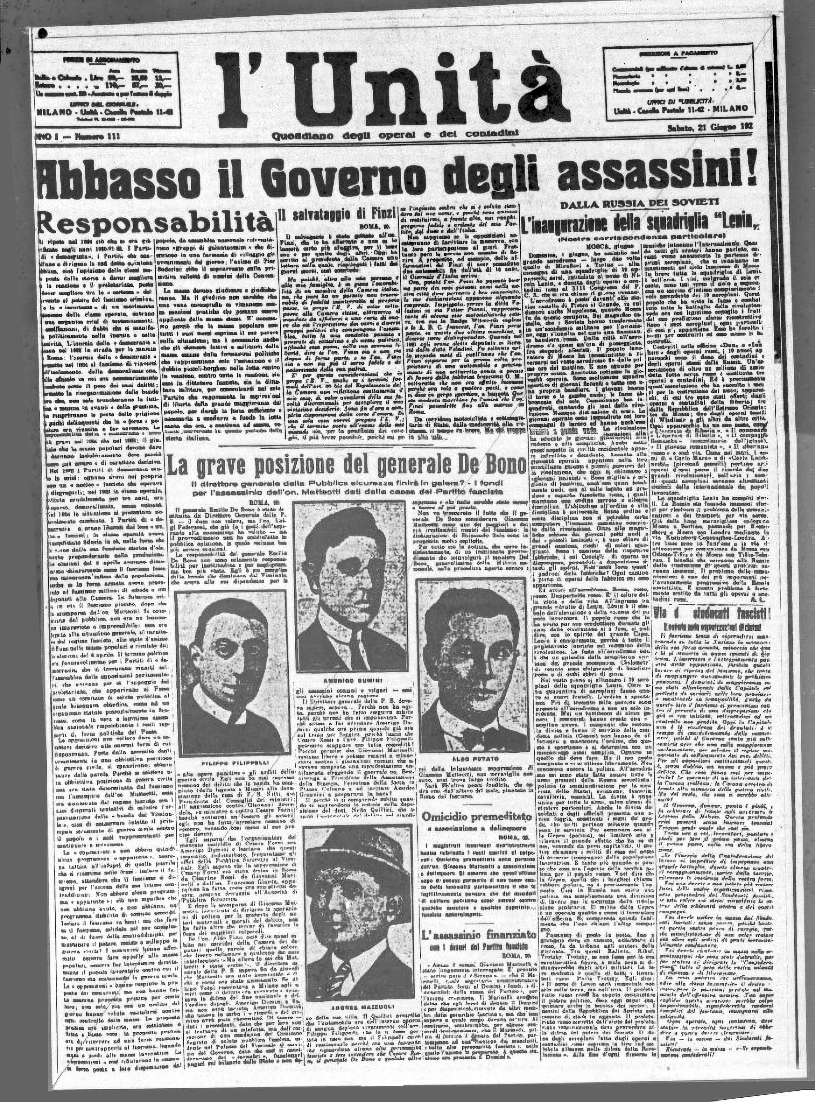 Prima pagina de L'Unità che accusa il governo di Mussolini della sparizione di Matteotti