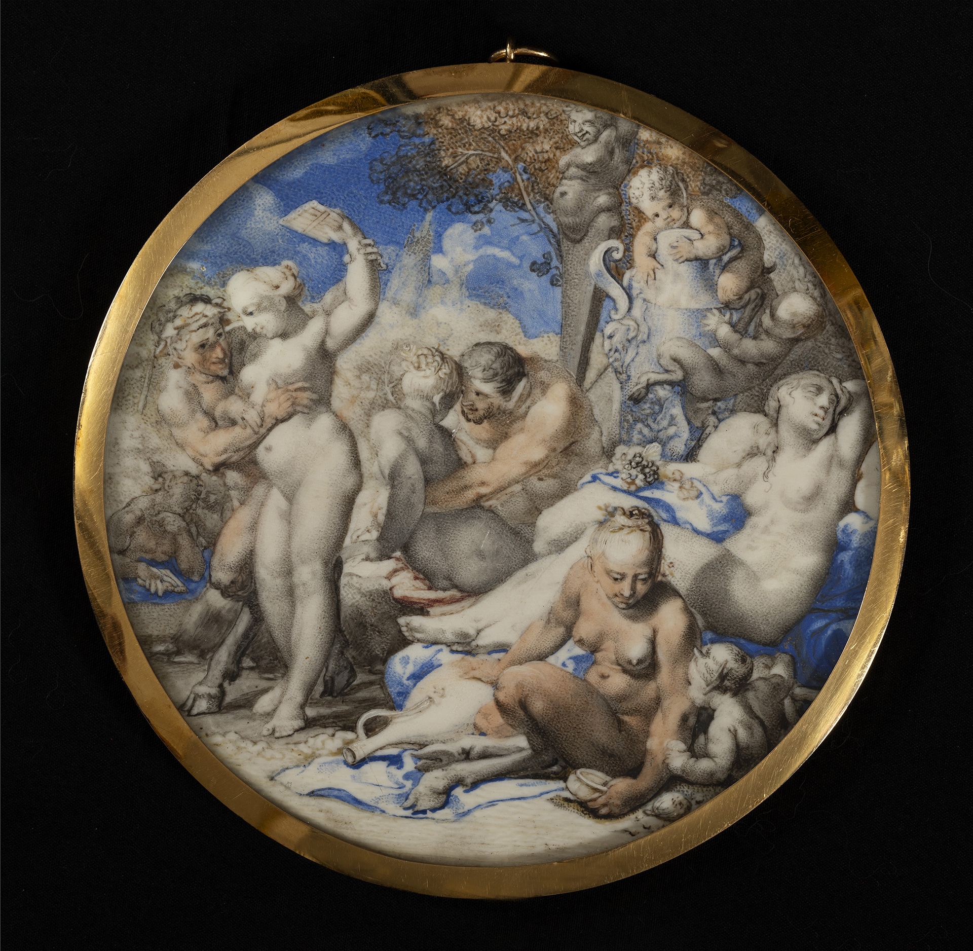 Rosalba Carriera, Baccanale, acquerello e gouache su avorio, cm 11 Ø (tondo), provenienza: castello Re di Danimarca 