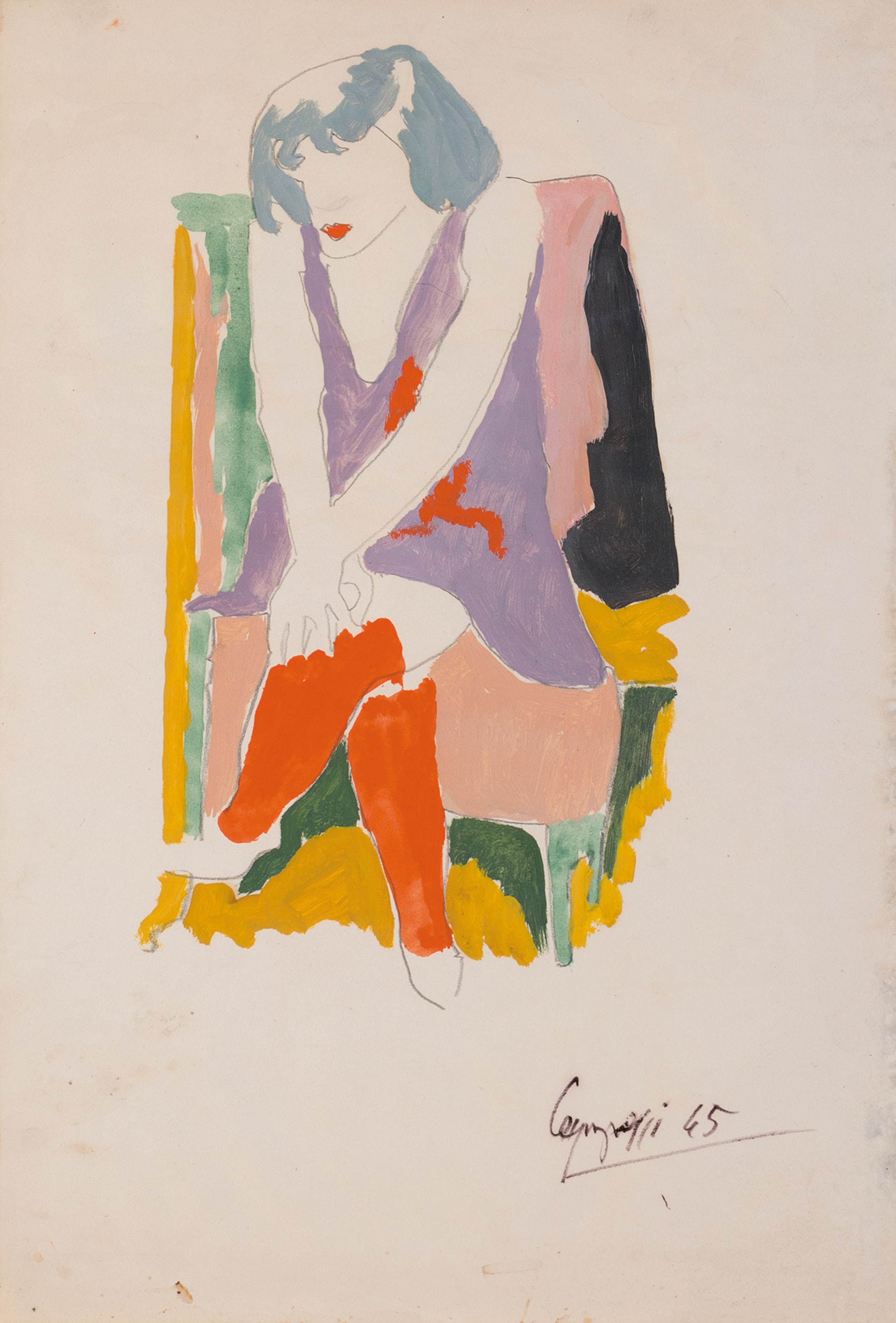 Giuseppe Capogrossi: Ballerina seduta, 1945, matita nera, tempera e olio su carta bianco avorio. Collezione privata 