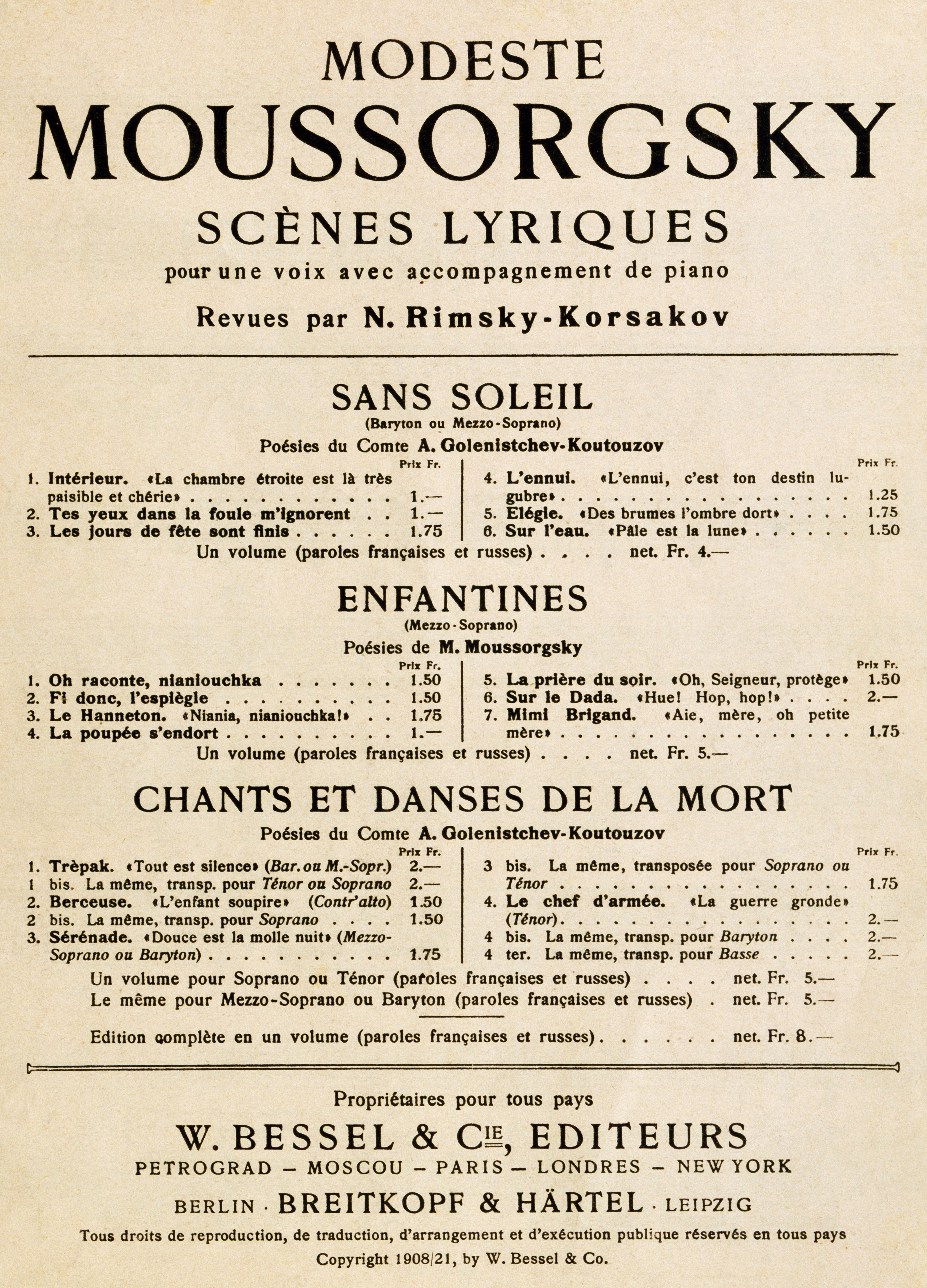 Frontespizio di "Scène Lyriques" di Modest Musorgskij, revisionato da Nikolai Rimsky-Korsakov. Vienna, Gesellschaft Der Musikfreunde.