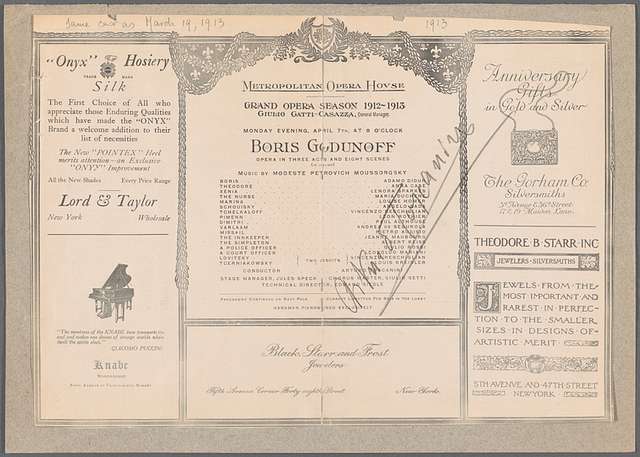 Il programma di sala del "Boris Godunov". New York, Metropolitan Opera House, 19 marzo 1913.