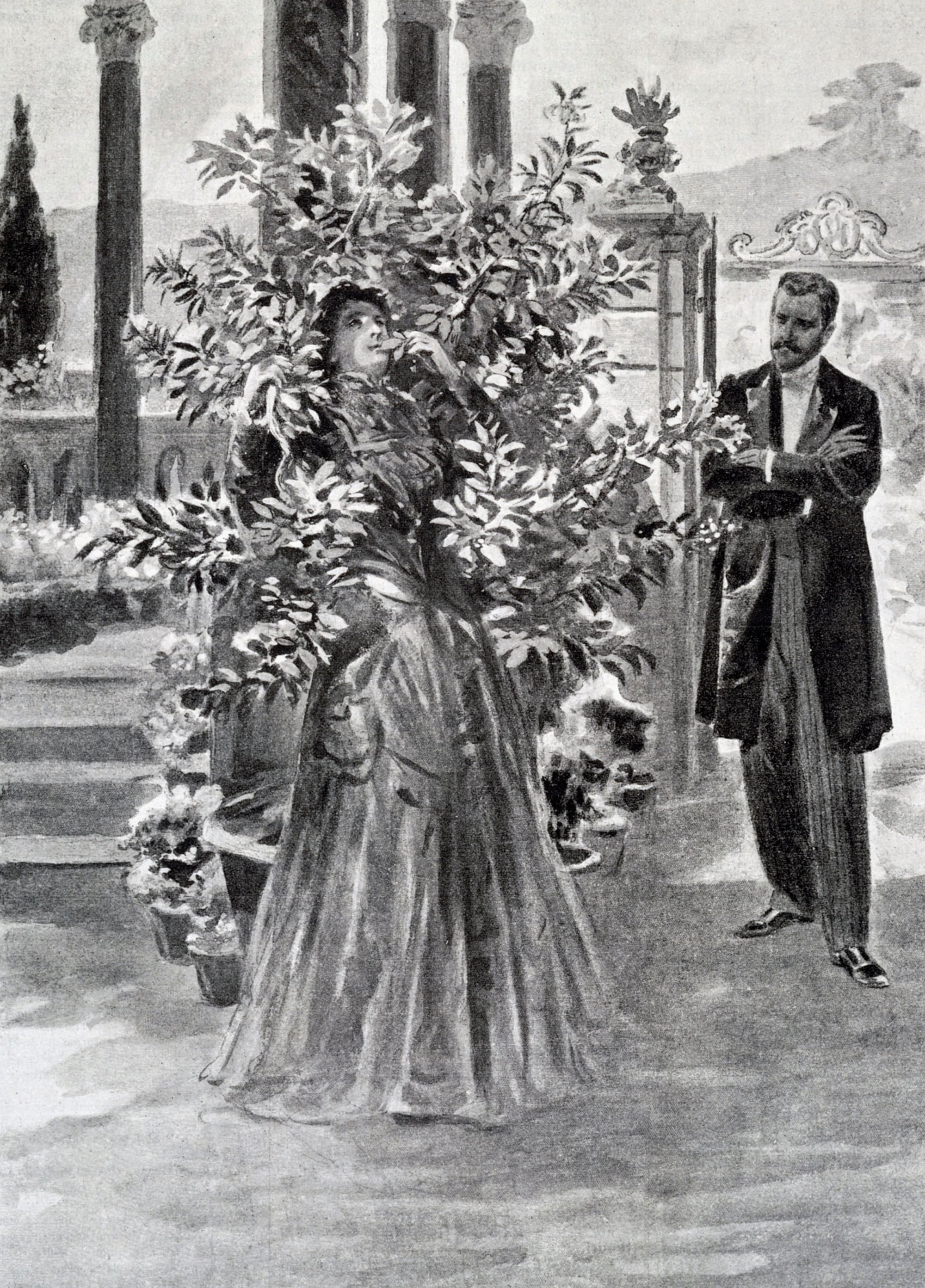 Eleonora Duse, Isabella, Sogno d’un mattino di primavera di Gabriele D'Annunzio, 1897. Disegno di Lionello Balestrieri, da L'Illustrazione Italiana, 1897