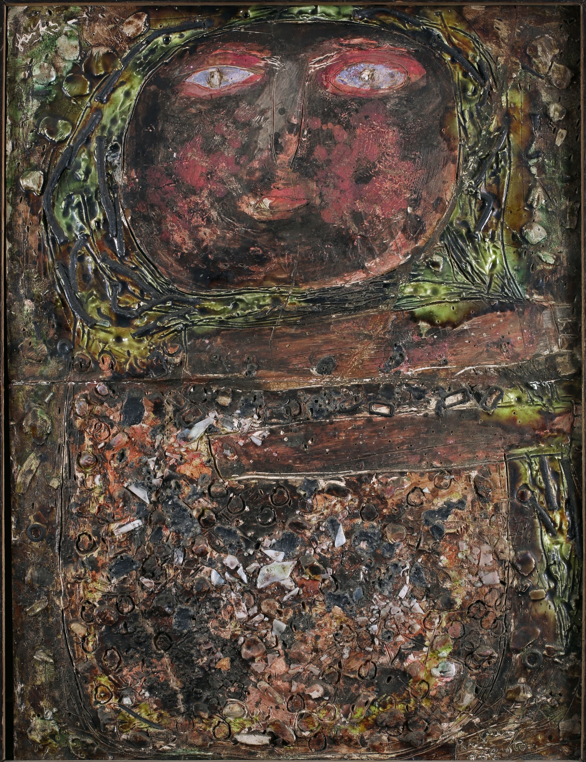 Slavko Kopač: Testa 1952. Tecnica mista (ceramica, chiodi, vetro, vernice)