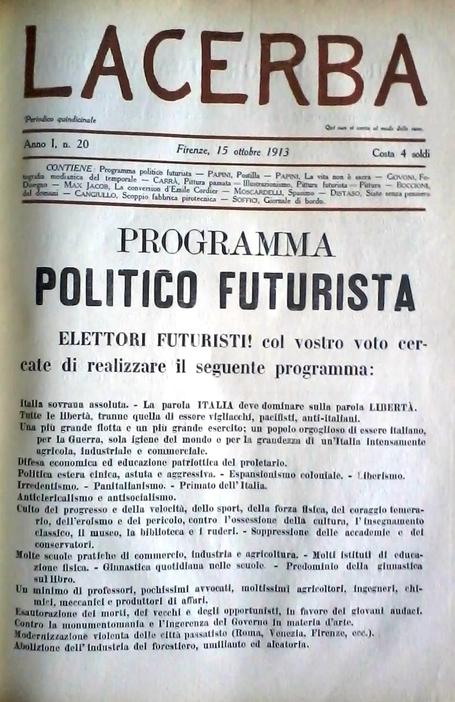 Il programma politico futurista su Lacerba del 15 ottobre 1913